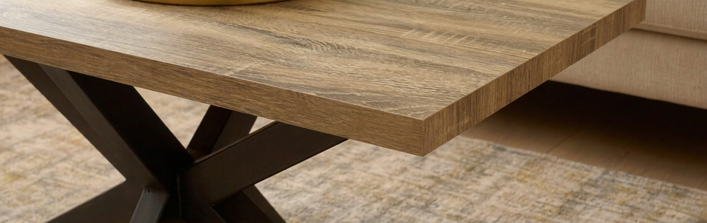 MESA CENTRO STACY RECTANGULAR TAPA ROBLE ASERRADO PATAS NEGRAS