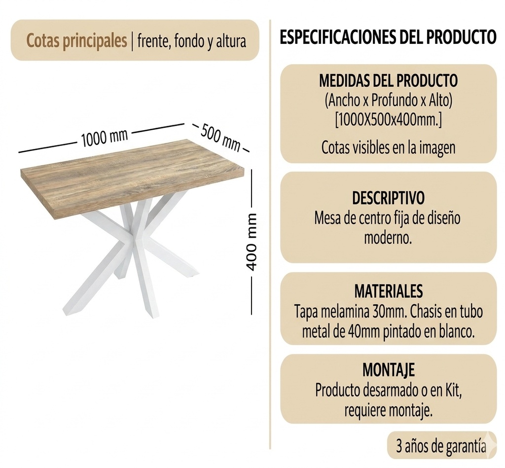 MESA CENTRO STACY RECTANGULAR TAPA ROBLE ASERRADO PATAS BLANCAS