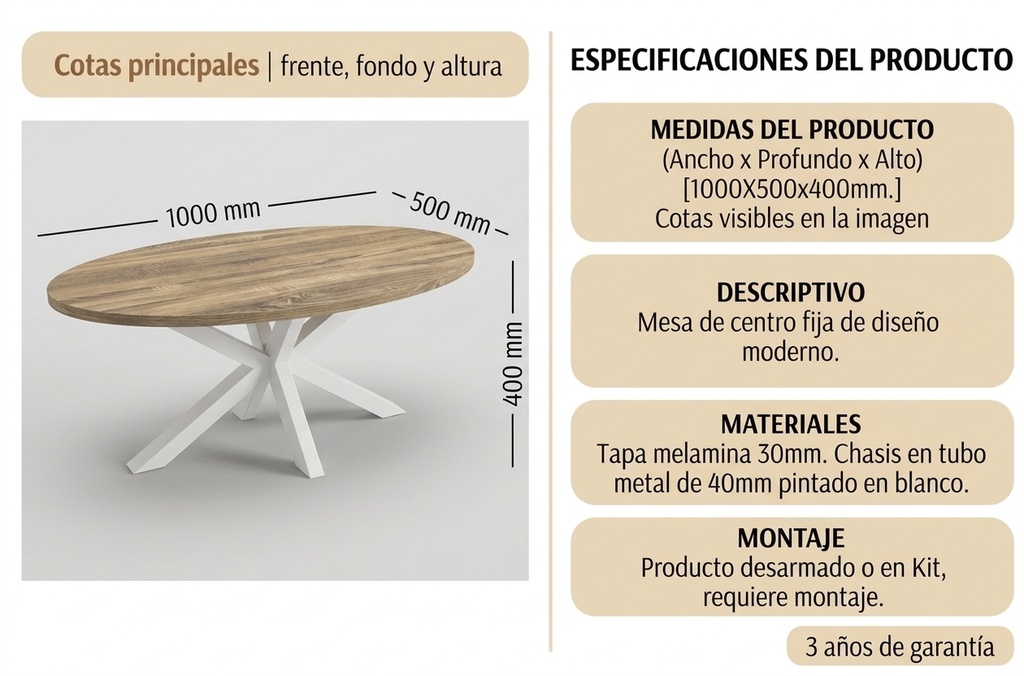 MESA CENTRO STACY OVAL TAPA ROBLE ASERRADO PATAS BLANCA