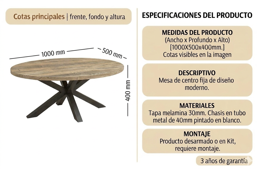 MESA CENTRO STACY OVAL TAPA ROBLE ASERRADO PATAS NEGRAS
