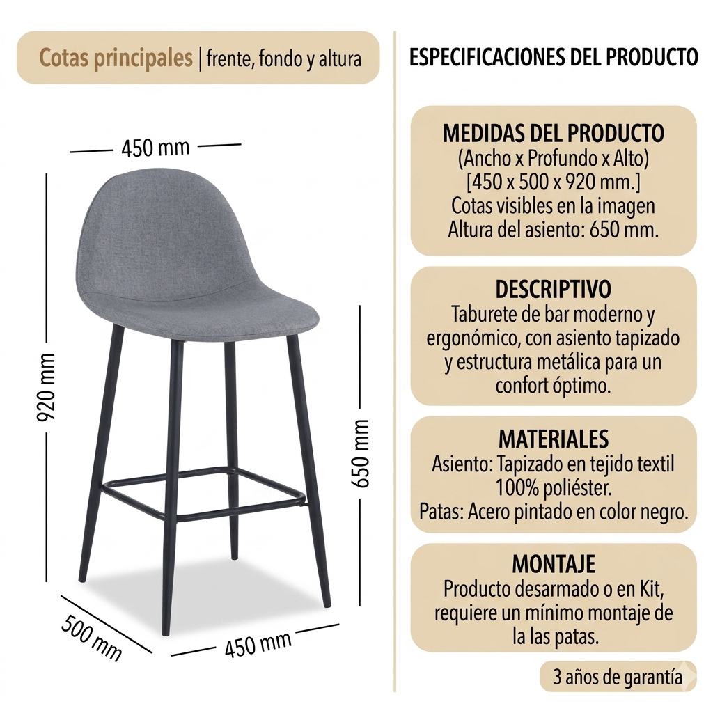 PACK DE 2 TABURETES JAMES GRIS ACERO 76 CM