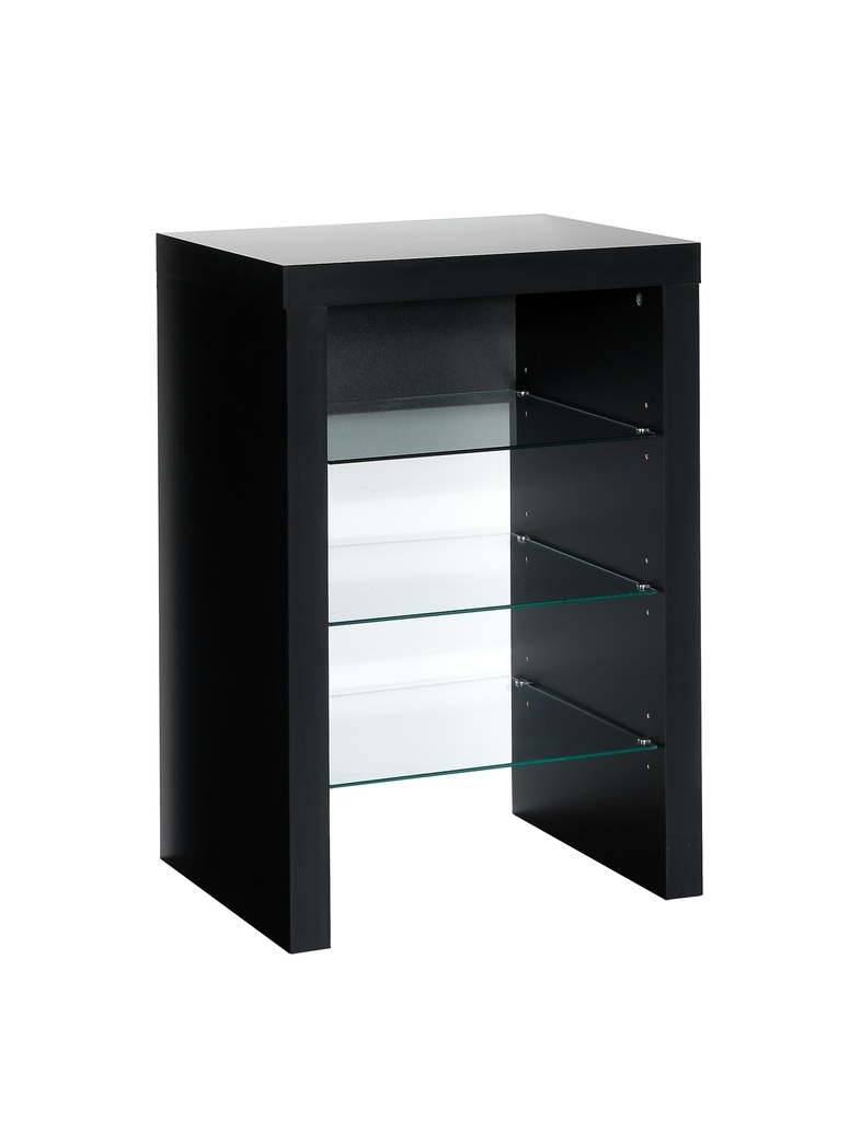 MESA TV/HIFI MAX.24" ATAMBORADA NEGRA C/3 ESTAN. CRISTAL 800x550x395mm