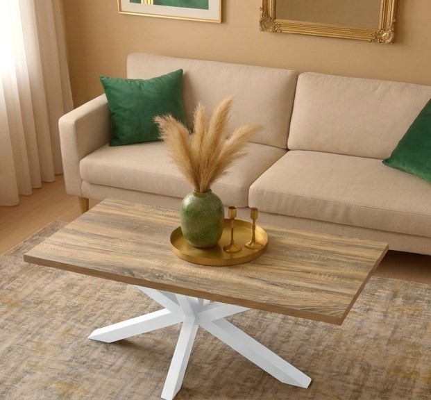[HF321-B] MESA CENTRO STACY RECTANGULAR TAPA ROBLE ASERRADO PATAS BLANCAS