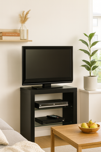 [M332-N] MESA TV/HIFI MAX.24" ATAMBORADA NEGRA C/3 ESTAN. CRISTAL 800x550x395mm