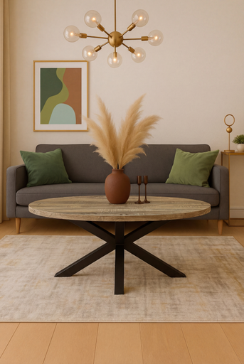 [HF322-N] MESA CENTRO STACY OVAL TAPA ROBLE ASERRADO PATAS NEGRAS