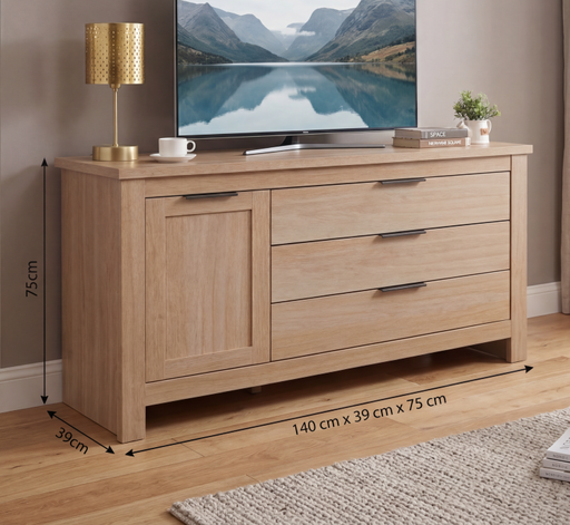 [HB330-RC] APARADOR DUOMO ROBLE CALIDO 3 CAJONES 1 PUERTA 